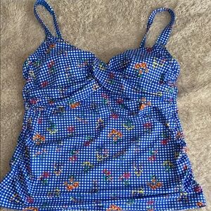 LANDS END Blue Gingham Floral Swim Top